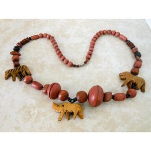 Vintage Tribal Carved Wood Fetish Necklace , 27 Inch